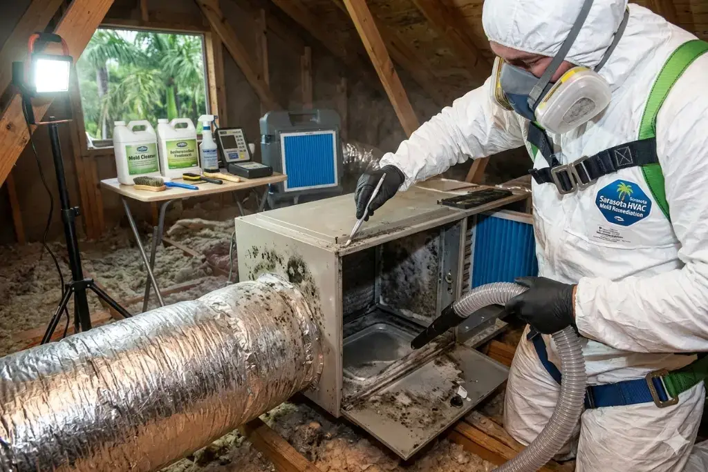 A technician in full PPE cleans mold from an AC unit and ducts in a house attic in Sarasota, FL.