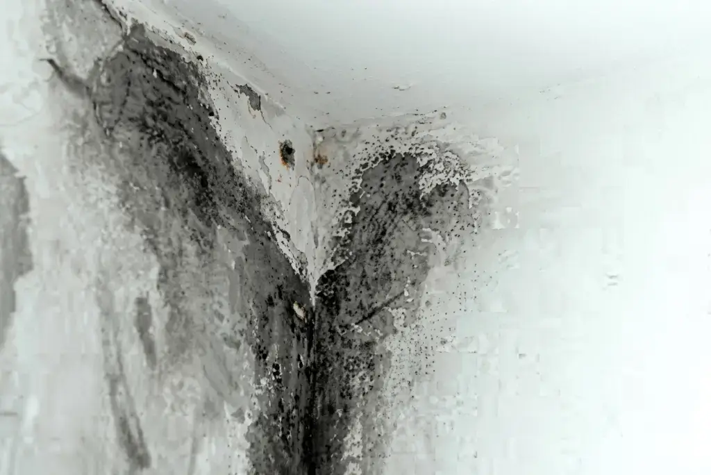 Close-up photograph of severe black mold growth and water damage spreading across the upper corner of a white room ceiling and walls