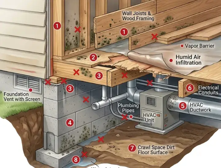 A detailed crawl space cross-section diagram showing common mold growth areas in a Sarasota home, with labeled numbered markers for floor joists, HVAC ductwork, vapor barriers, and water intrusion points.
