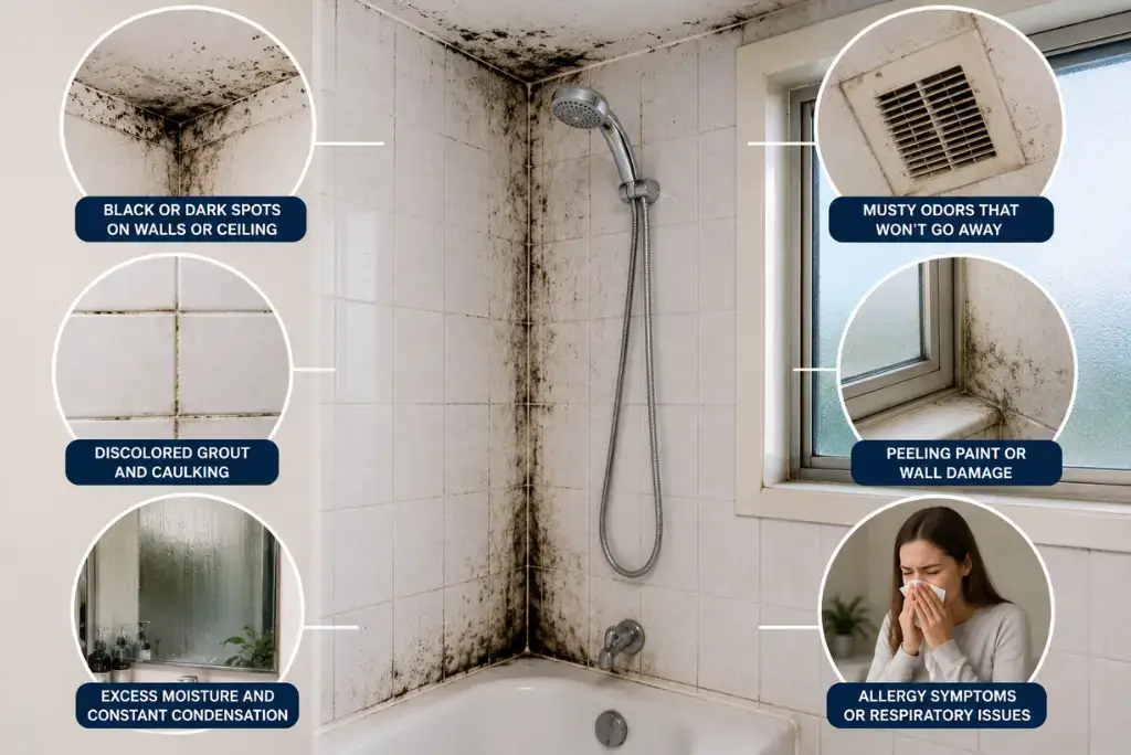 Signs of bathroom mold including black spots on walls, moldy grout, condensation, peeling paint, and poor indoor air quality