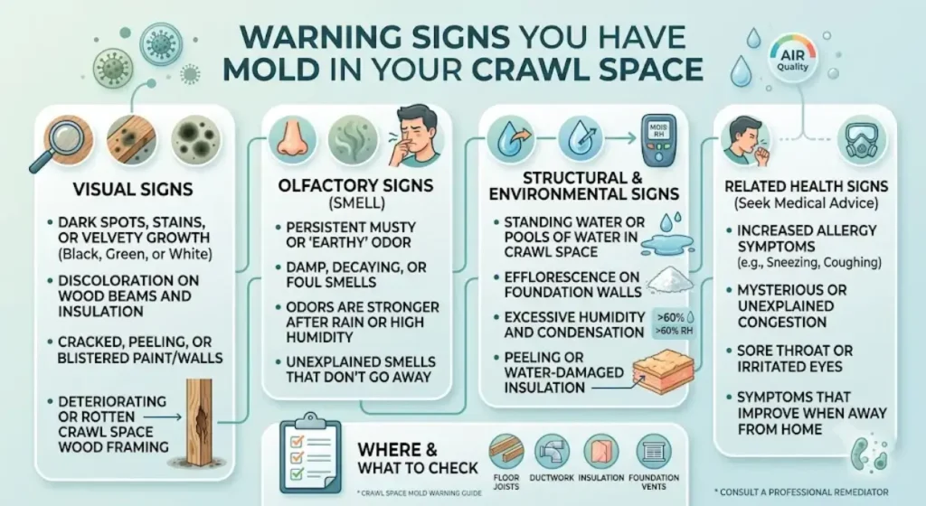 An infographic detailing four major categories of warning signs for mold in a crawl space: Visual signs like dark spots on wood framing; Olfactory signs like a persistent musty smell; Structural and Environmental signs such as standing water and high humidity; and Related Health signs including increased allergies and congestion. It also includes a "Where & What to Check" checklist.