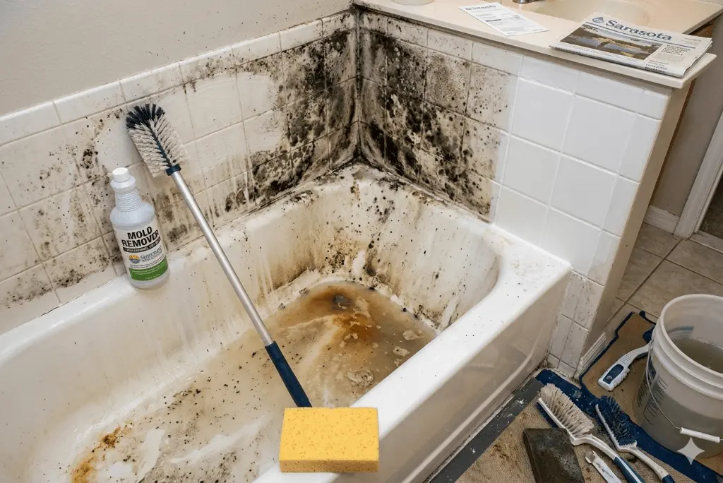 Professional bathroom mold removal services in Sarasota, Florida. A heavily mold-infested bathtub and tiled alcove, showing dense black and green mold, with professional tools (brush, solution) and a just-cleaned tile area in progress