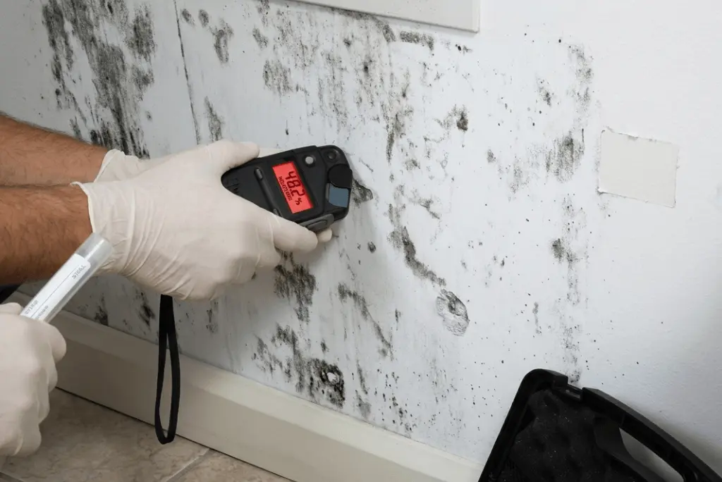 Professional mold inspection and testing process using a digital meter on a contaminated wall