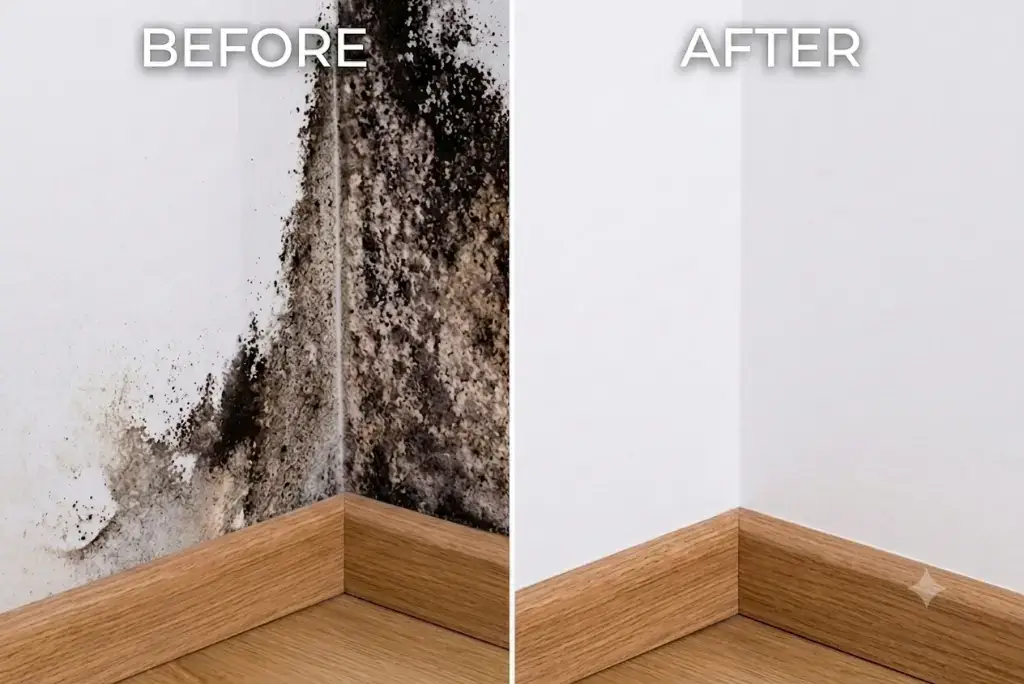 Before and after comparison of a home corner showing severe black mold on walls and a clean, mold-free room after remediation