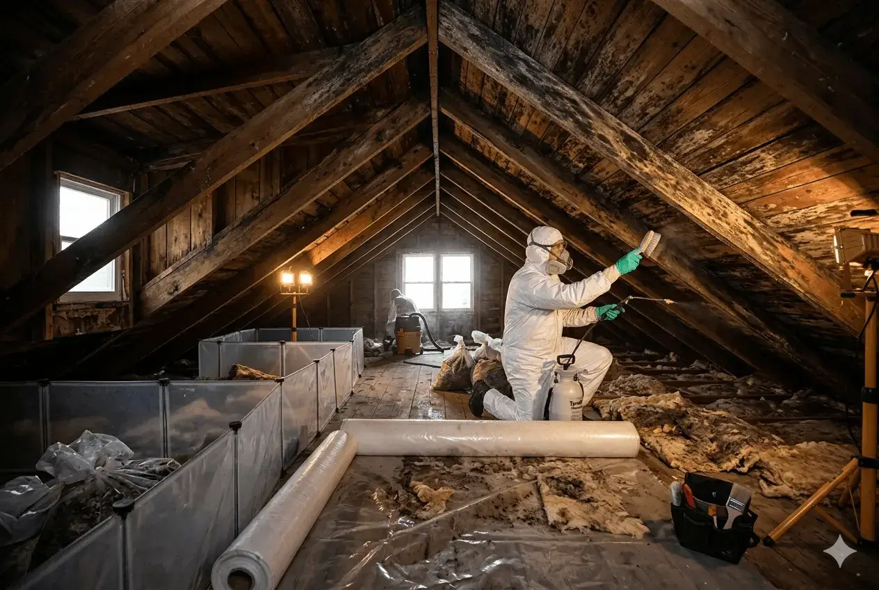 Professional mold removal technician in an attic wearing a full protective suit, respirator, and gloves, actively scrubbing black mold from wooden rafters while using an industrial fogging machine. A negative air machine and additional safety equipment are visible in the background.