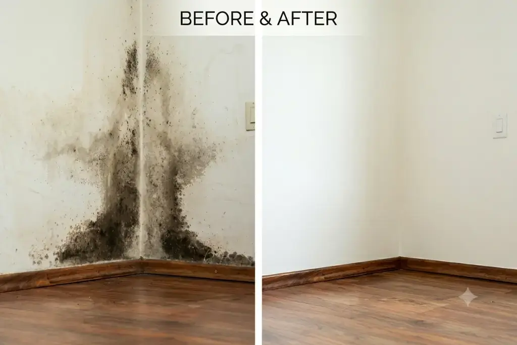 Before and after comparison of a residential wall corner in Sarasota, showing significant black mold growth on the left and successful professional mold remediation resulting in a clean, restored white wall on the right.