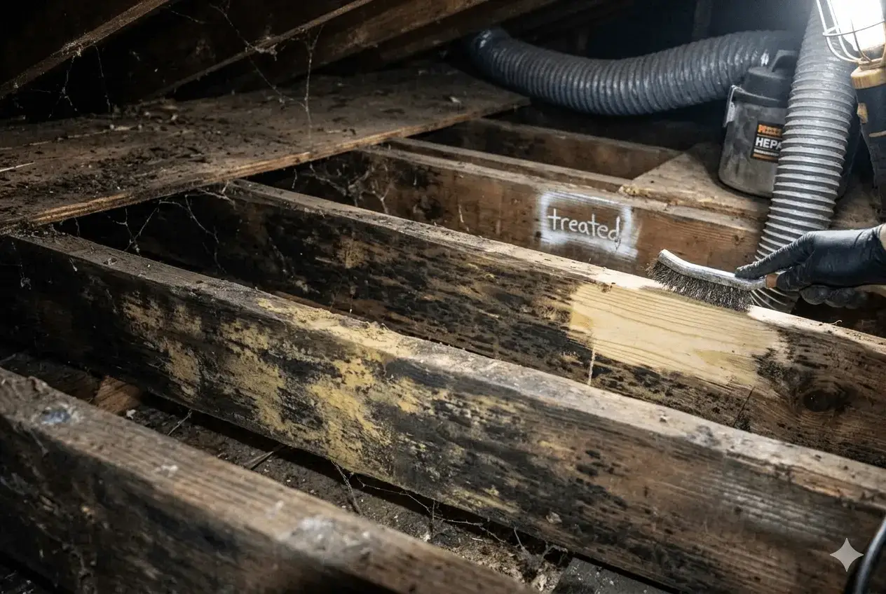 Professional crawl space mold removal and remediation on wooden floor joists in a Sarasota, Florida home.