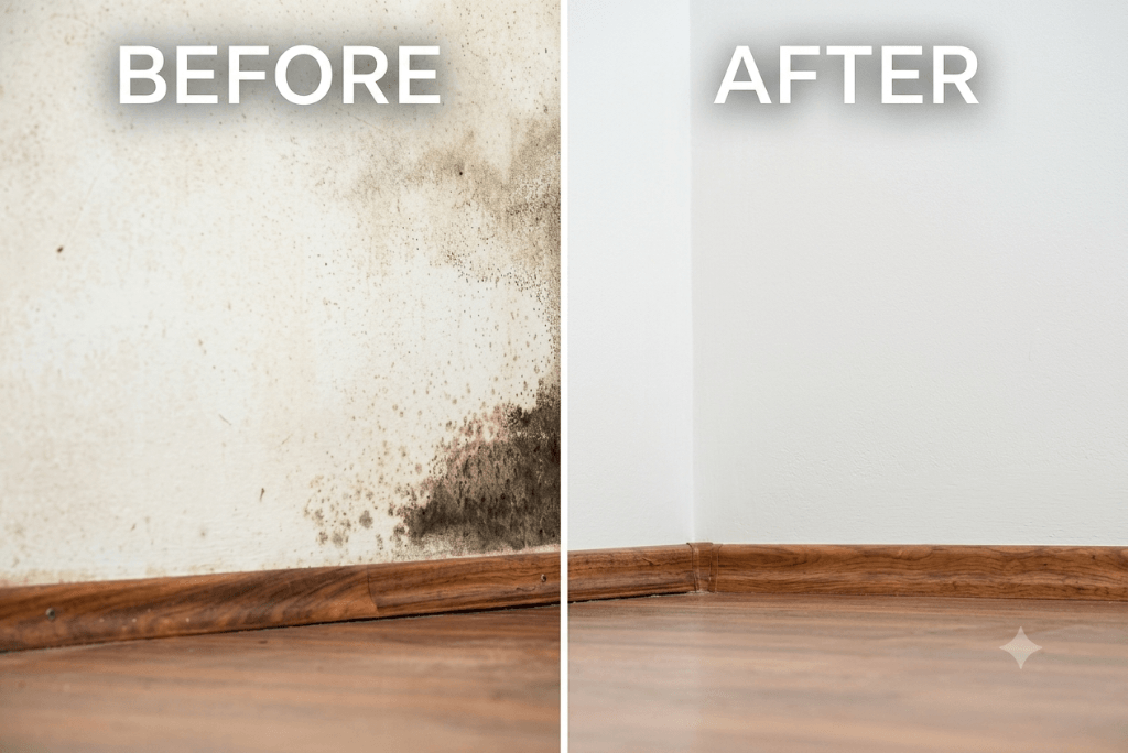 Side-by-side before and after comparison of a room corner showing black mold on the lower wall and a completely clean wall after remediation