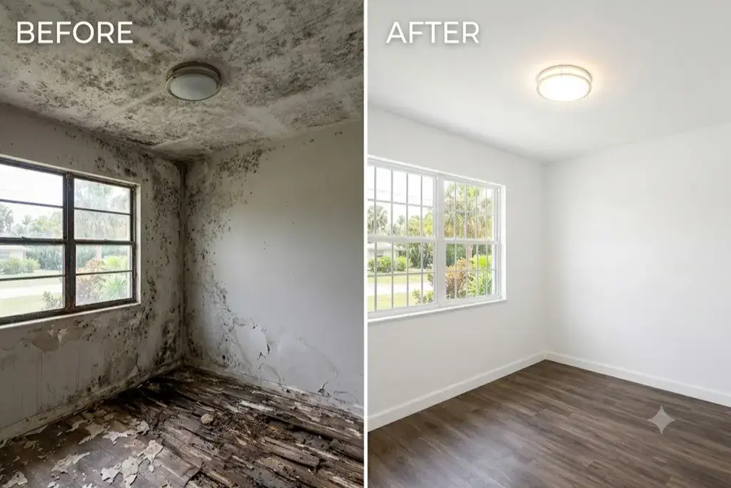 Before and after comparison of a Sarasota room showing a ceiling covered in heavy black mold next to a clean, newly painted white room with hardwood floors