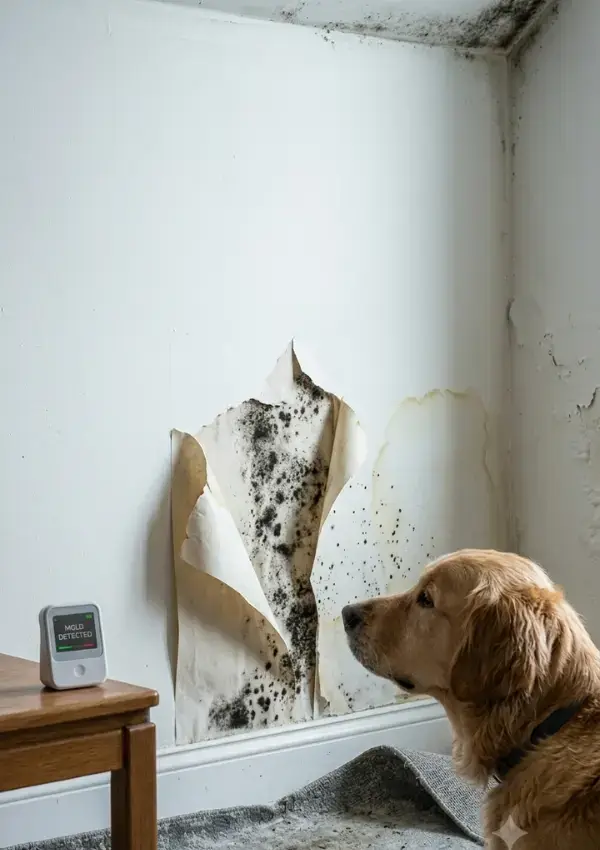 A golden retriever looks at peeling wallpaper revealing severe black mold growth and water damage on a home wall next to a digital mold detector