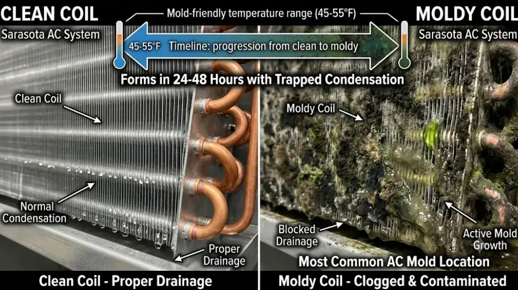 Side-by-side comparison of clean evaporator coil versus moldy evaporator coil
in AC system. Left shows shiny metallic fins with normal condensation droplets.
Right shows same coil covered in black, green, and brown mold growth, algae
coating, and blocked air passages. Demonstrates how quickly mold colonizes
trapped condensation in Sarasota's humid climate.