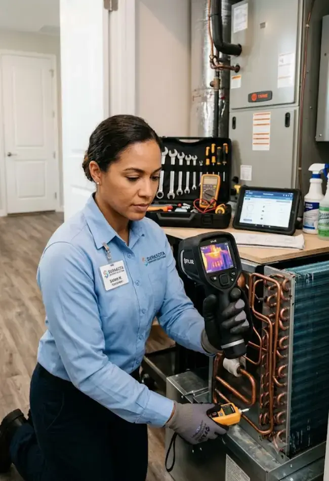 Professional HVAC technician in Sarasota home performing AC system inspection,
wearing uniform and using thermal imaging camera to diagnose condensation or
mold issues. Technician examining evaporator coil or drain line with focused,
expert attention. Represents trusted local HVAC professional providing
diagnostic assessment and preventive maintenance services for residential air
conditioning systems.