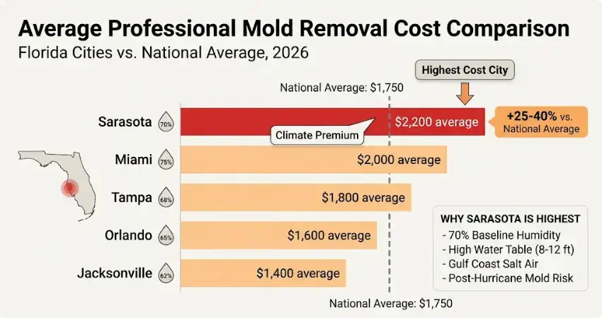 Horizontal bar chart comparing average professional mold removal costs across
Florida cities. Sarasota shows highest average cost of $2,200 (red bar), 25-40%
higher than national average of $1,750. Tampa $1,800, Jacksonville $1,400, Miami
$2,000, Orlando $1,600. Sarasota premium due to 70% humidity, high water table,
salt air exposure, and hurricane season risk.