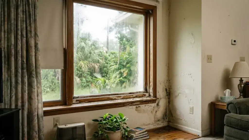 Damp humid Florida home interior showing signs of moisture buildup