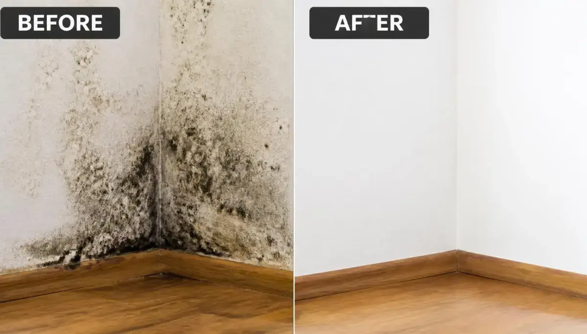 Before and after mold removal on wall corner in Sarasota FL home