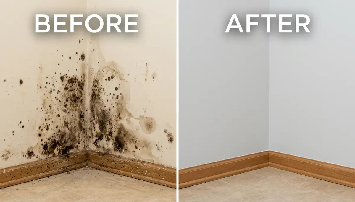 Side-by-side before and after comparison of a room corner showing black mold on the lower wall and a completely clean wall after remediation