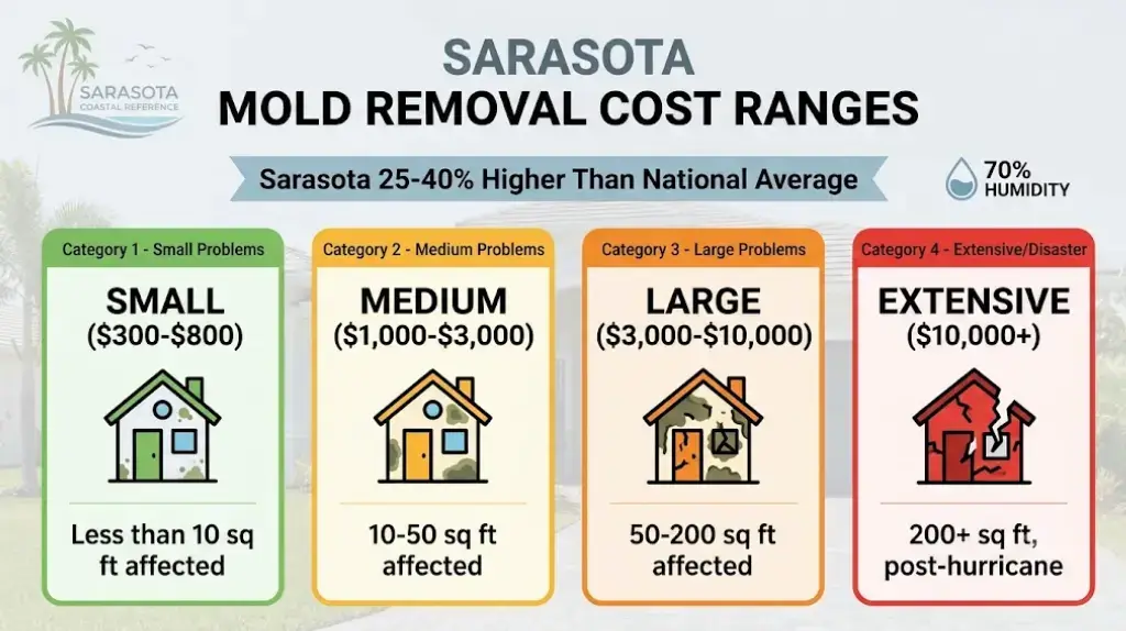 Sarasota mold removal cost infographic showing four price ranges: small problems $300-$800, medium $1,000-$3,000, large $3,000-$10,000, extensive $10,000 plus. Color coded from green to red based on severity. Includes Sarasota 70% humidity context and 25-40% cost premium versus national average.