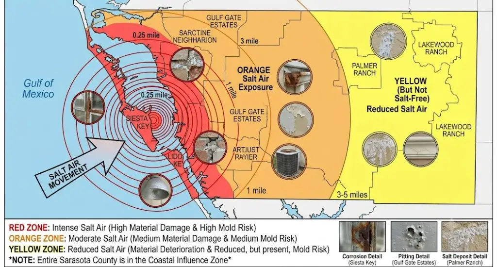 Sarasota Salt Air Exposure Map - Neighborhood Intensity by Distance
