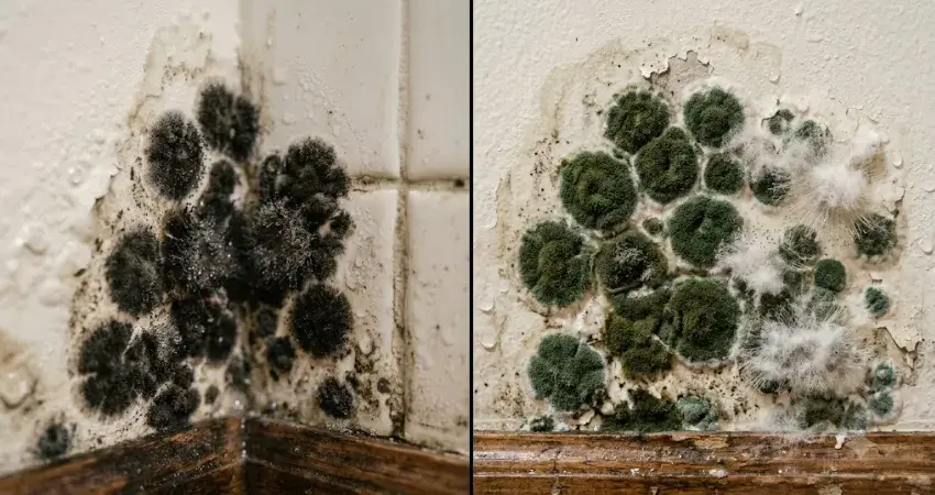 Black green and white mold patches on a damp wall surface