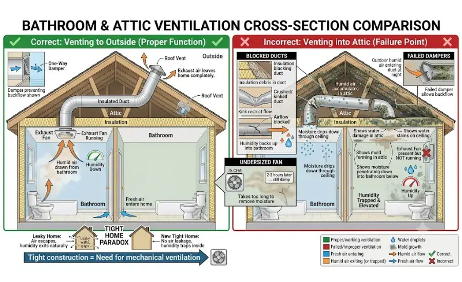 Ventilation Failures Diagram - Proper vs. Improper Duct Venting