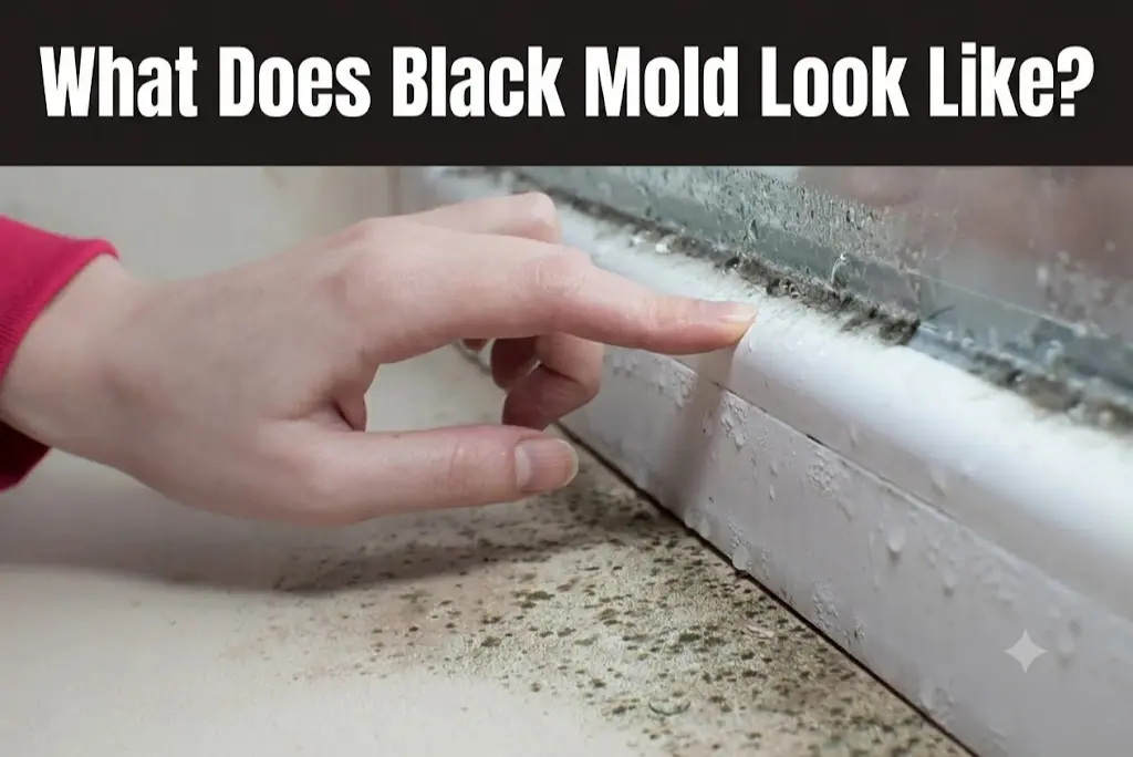 A close-up of a hand pointing to black mold patches growing on a damp window sill and wall.