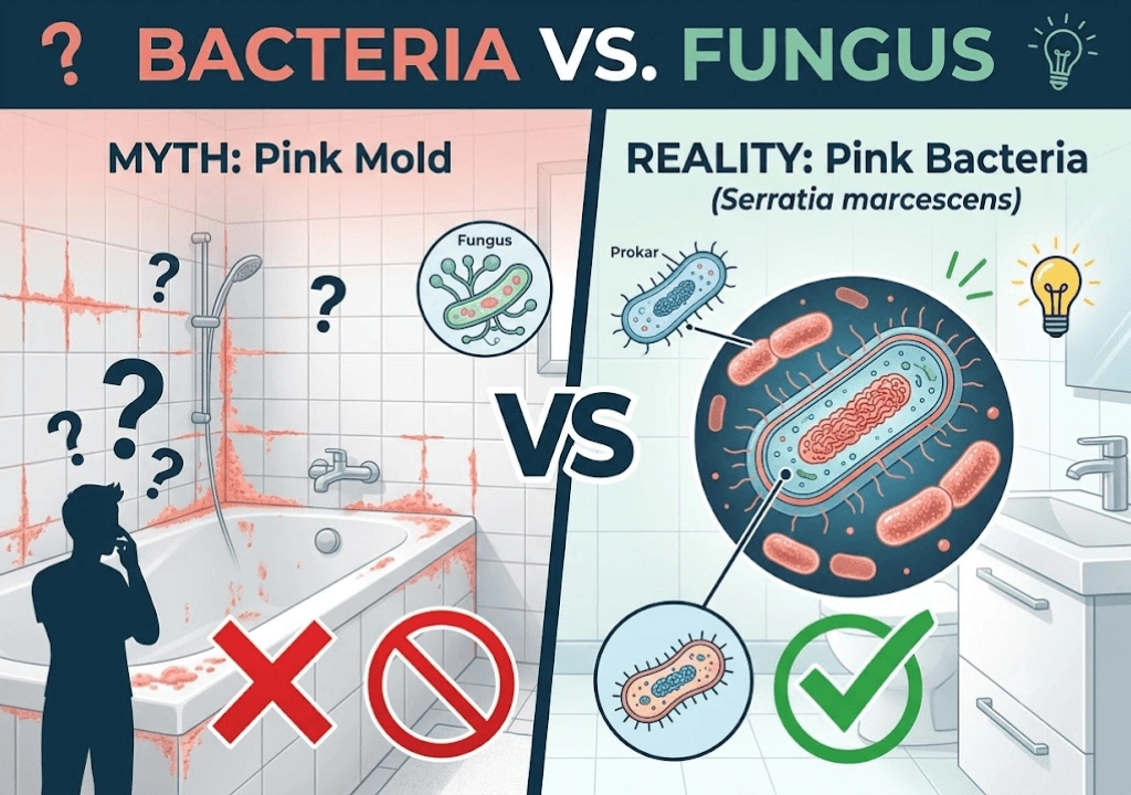 Educational infographic showing the myth that pink bathroom growth is
mold versus the reality that it's bacteria (Serratia marcescens), with
scientific cell structure illustrations comparing prokaryotic bacteria
to eukaryotic fungus to clarify the difference for Sarasota homeowners.