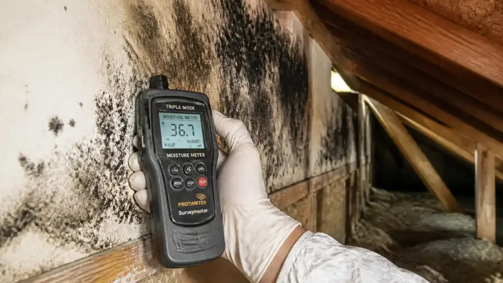 Professional moisture meter detecting mold in water-damaged Lido Key attic with
black mold visible on wooden beams