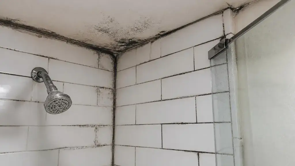 Severe black mold growth in bathroom tile grout and caulking seams in Lido Key
home with salt air and humidity damage