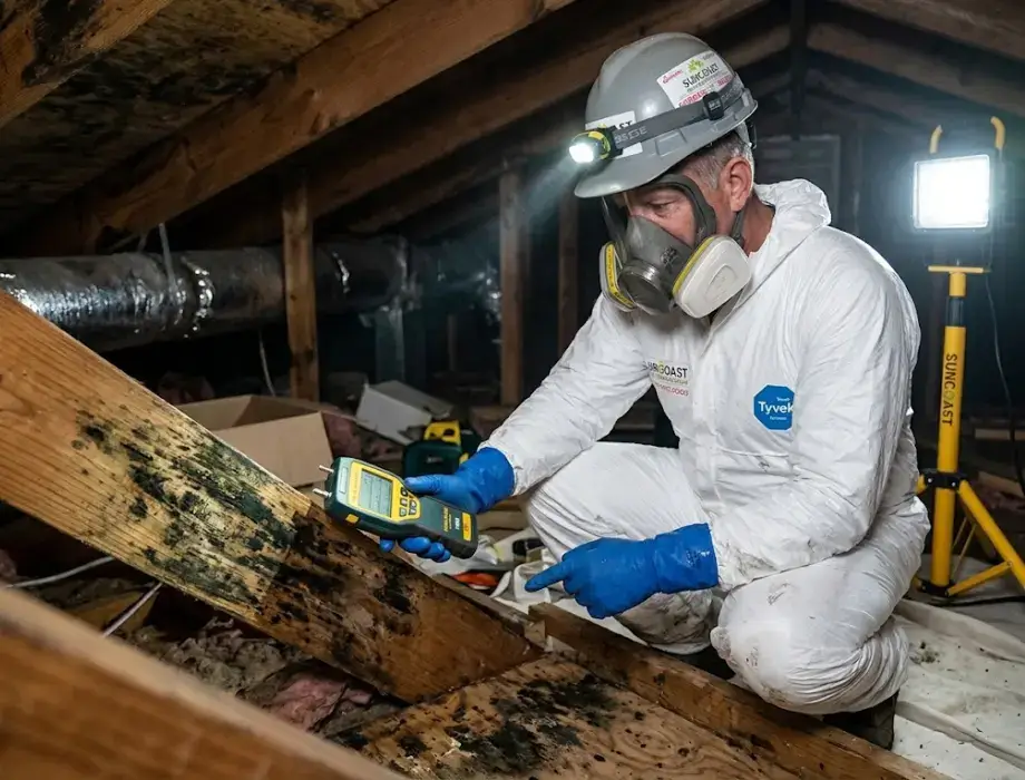 Professional technician in protective gear conducting emergency black mold
assessment and detection in residential bedroom using moisture meter