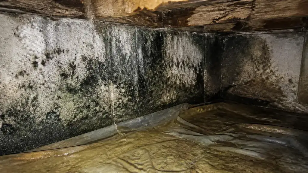 Severe mold contamination in Lido Key crawl space foundation corner showing
water damage and moisture problems