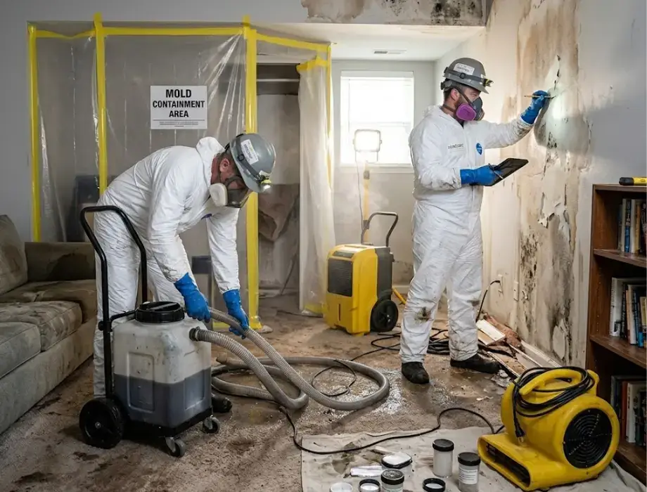 Professional mold remediation team conducting emergency water damage removal
with specialized extraction equipment in flood-damaged residential space