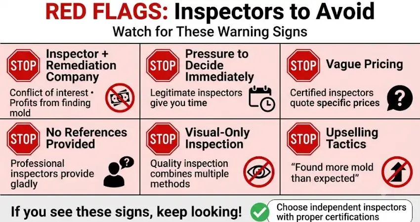 Warning infographic listing six major red flags when hiring mold inspectors. Flags include:
inspector company also performs remediation (conflict of interest), pressure to decide
immediately, vague pricing without details, refusal to provide references, offering only
visual inspection without lab testing, and upselling tactics like "found more mold than
expected." Each flag displayed with red stop sign icon. Bottom section recommends choosing
independent certified inspectors instead. Helps Sarasota homeowners identify problematic
inspectors and avoid costly mistakes.