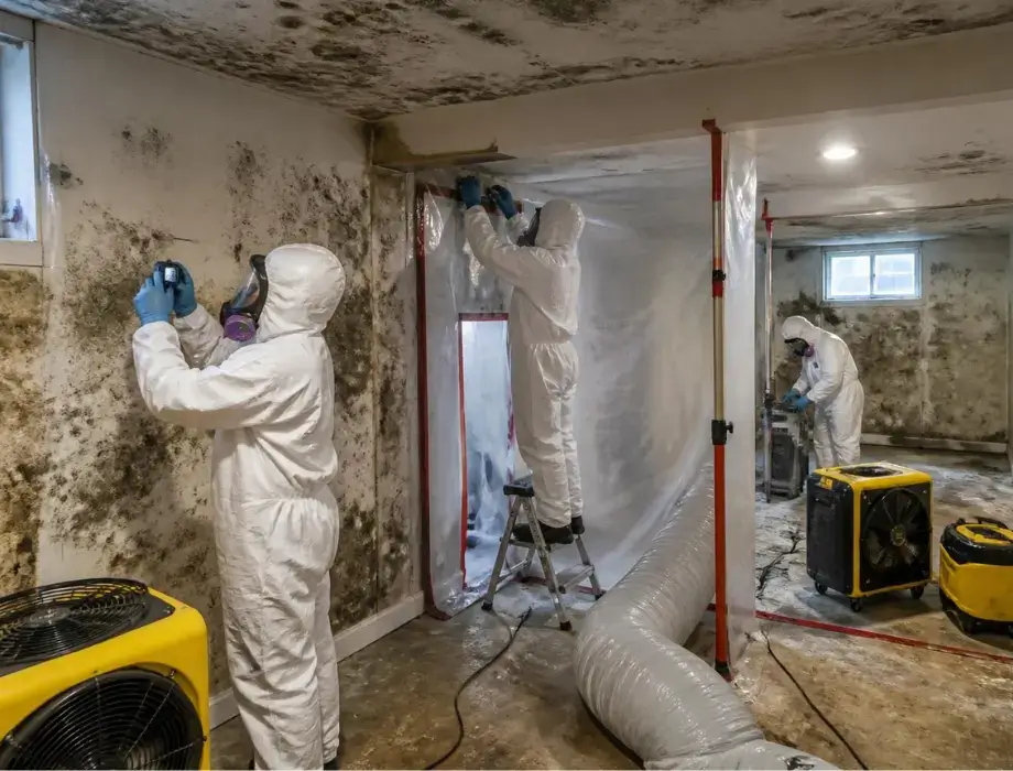Professional mold remediation team conducting whole-home contamination removal
with specialized containment equipment and air scrubbing system