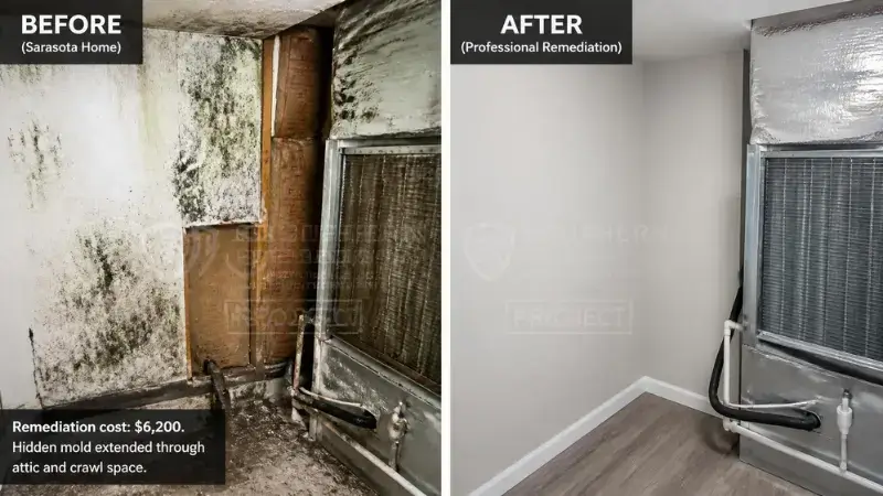 Before and after photos of Sarasota mold remediation showing extensive growth removal and professional repair