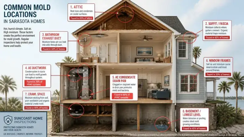 Home cross-section diagram marking 8 mold hotspots commonly found in Sarasota homes with frequency percentages