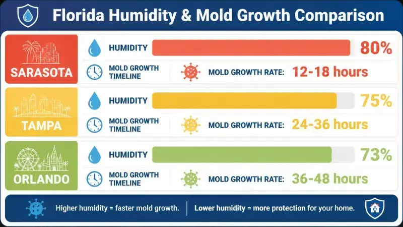 Humidity comparison showing Sarasota at 80% with 12-18 hour mold growth time versus Tampa and Orlando