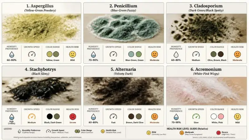Visual identification guide showing 6 common mold types found in Sarasota homes with color, texture, and health risk indicators